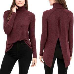 We the Free Burgundy Purple Split Back High Neck Boho-Chic Turtleneck - Medium